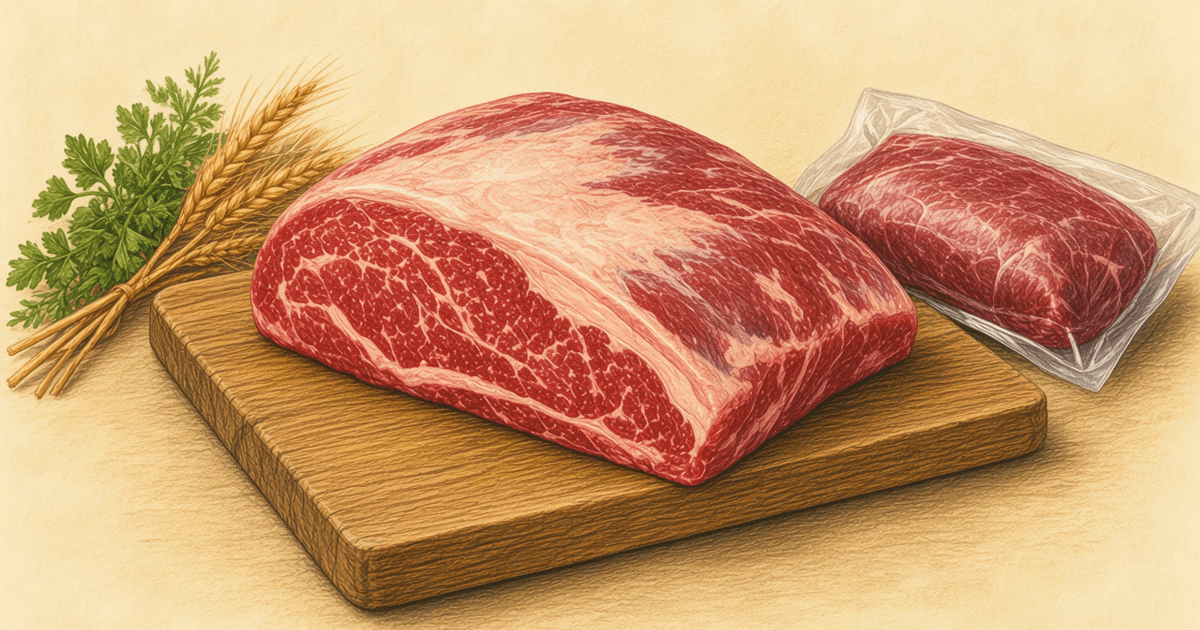 Colored-pencil illustration of a whole raw beef brisket on a wooden cutting board with a vacuum-sealed pack nearby