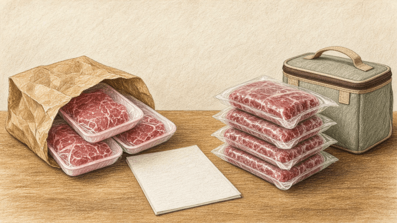 Grocery-tray beef spilling from a paper bag next to a stack of vacuum-sealed farm packs and a cooler bag