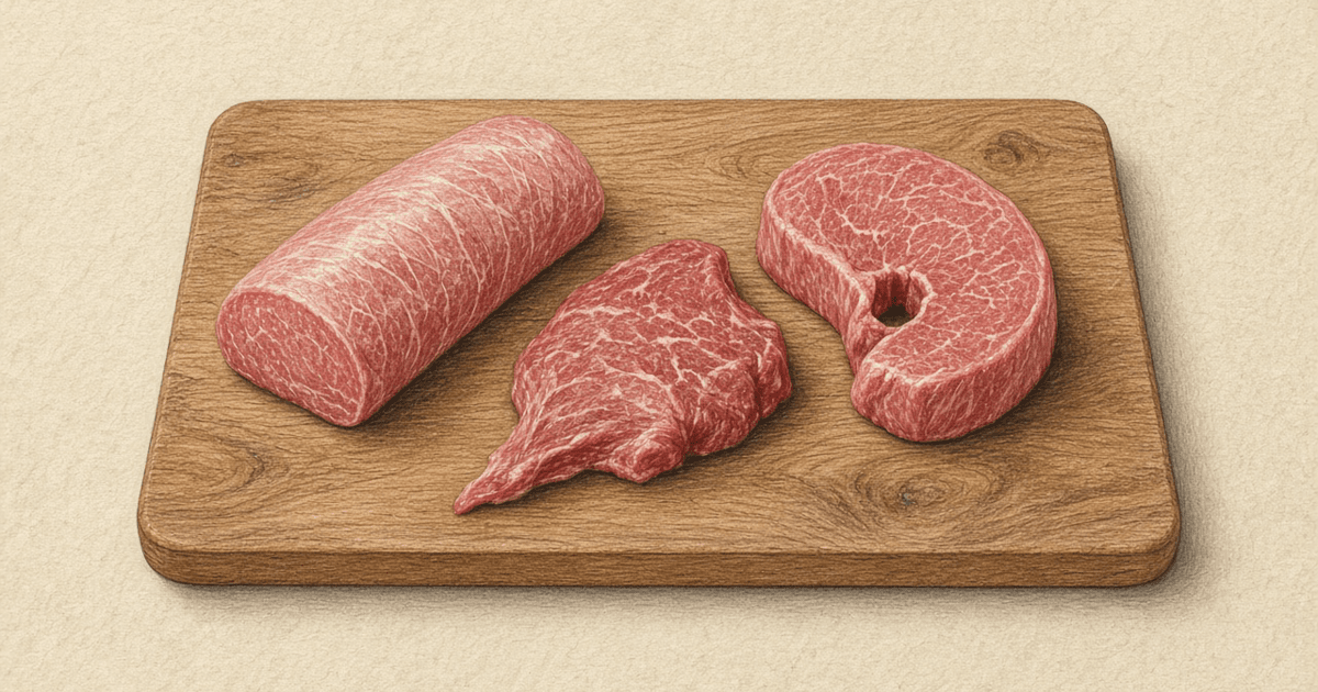 Raw filet mignon steaks and a short tenderloin on a wooden board, drawn in colored pencil on cream parchment