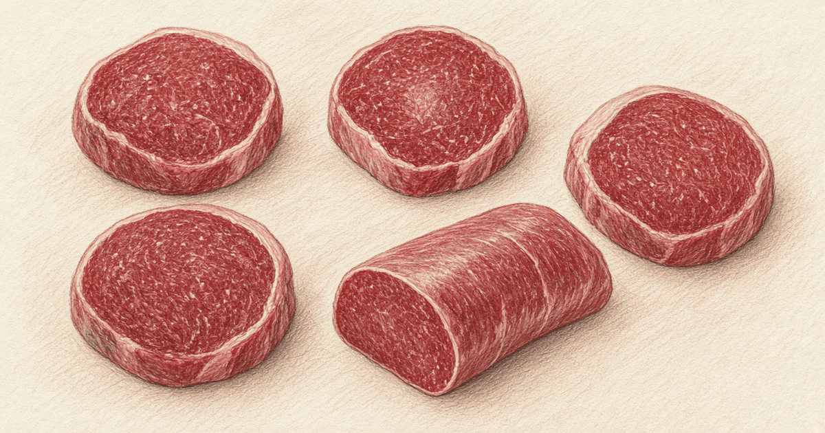 Raw filet mignon steaks and a short tenderloin roast drawn in colored pencil on cream parchment