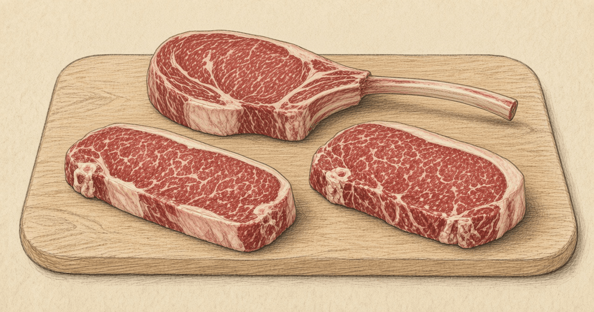 Raw NY strip steaks, two boneless and one bone-in, drawn in colored pencil on cream parchment