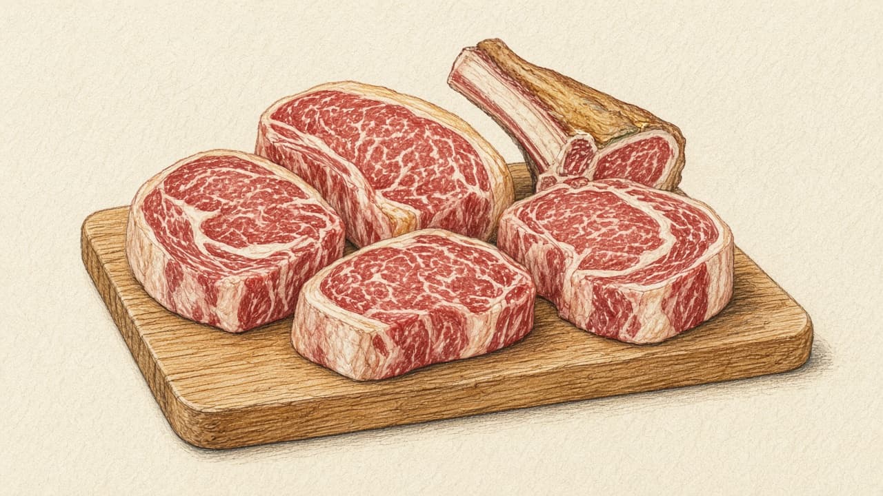 Raw ribeye steaks and a bone-in rib section on a wooden board, drawn in colored pencil on cream parchment