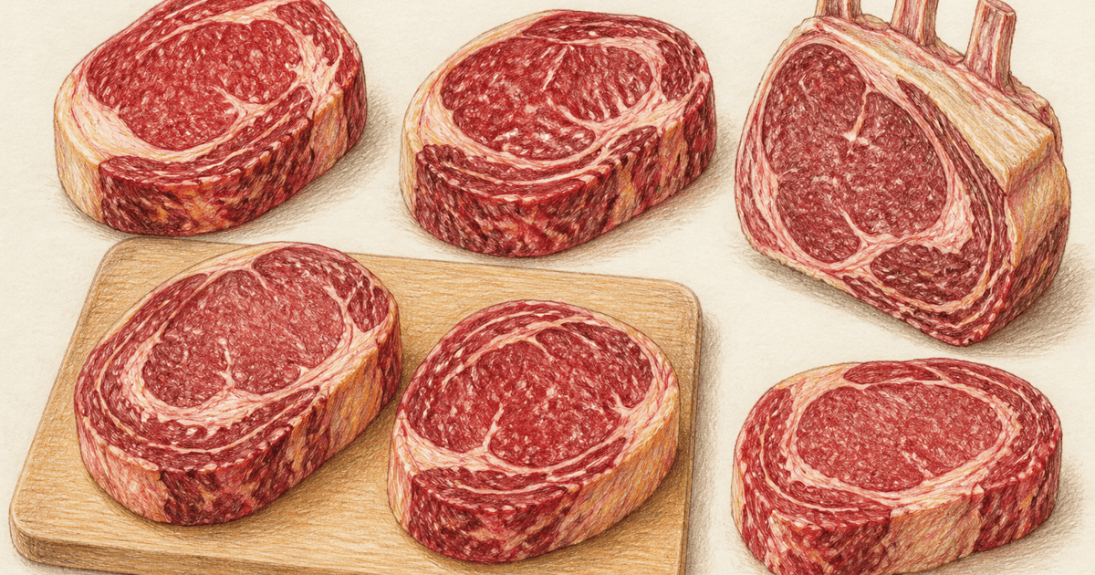 Thick raw ribeye steaks and a bone-in rib primal section drawn in colored pencil on cream parchment