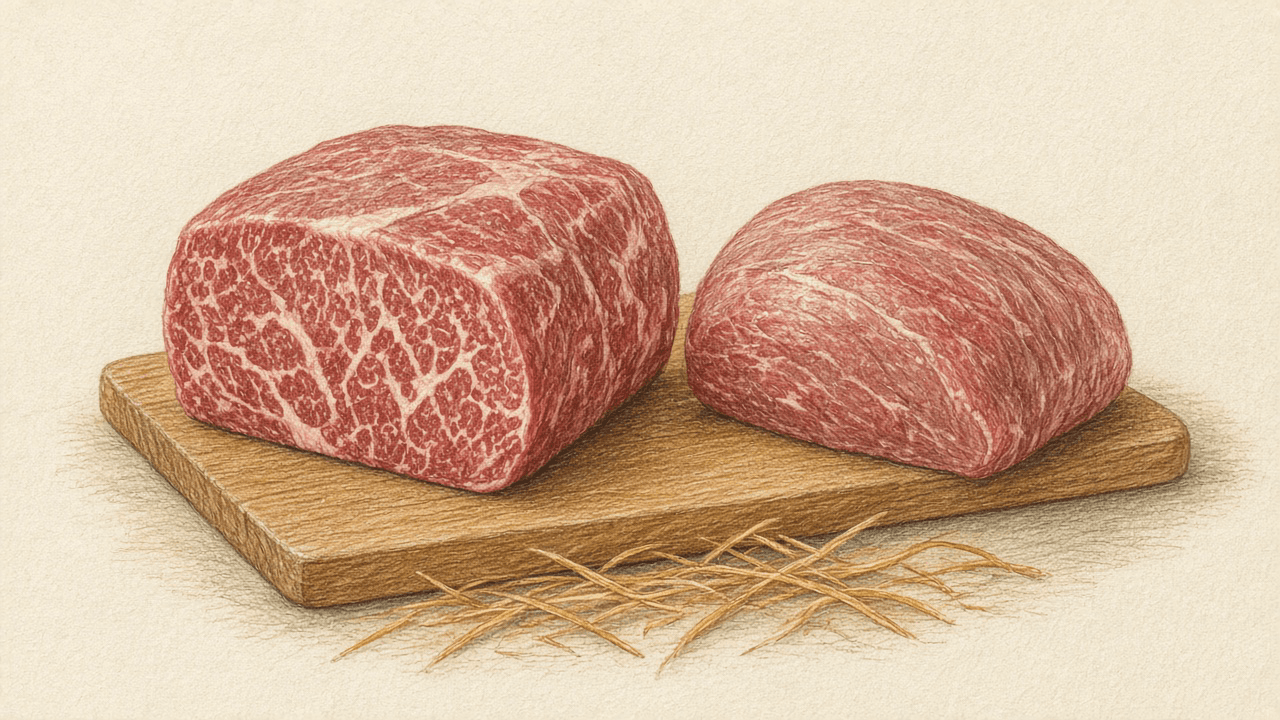 Two raw beef roast cuts on a wooden board with a few stalks of hay, drawn in colored pencil on cream parchment