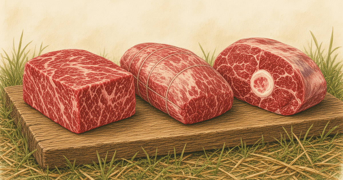 Detailed colored-pencil illustration of three large grass-fed beef roasts (chuck, rump, and arm) on a wooden cutting board with fresh grass in the foreground