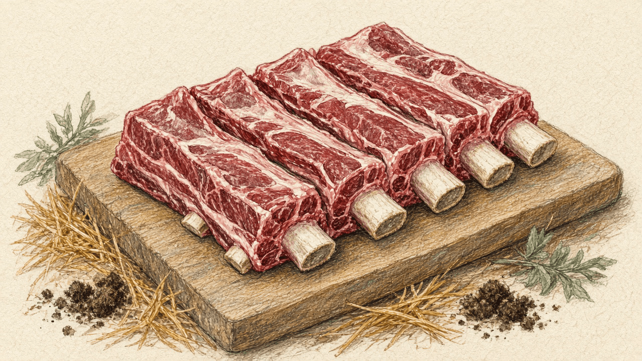 Raw bone-in beef short ribs drawn in colored pencil on cream parchment