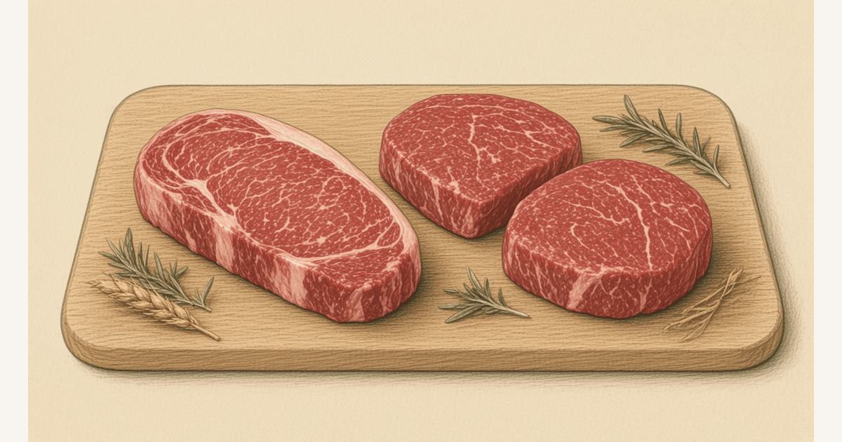 Raw top sirloin steaks drawn in colored pencil on a wooden board