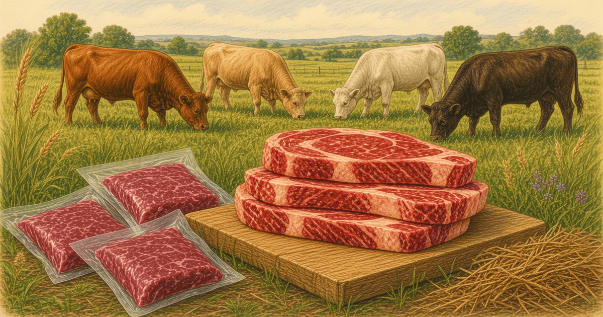 Colored-pencil ribeyes and vacuum-sealed beef on a wooden board, four cattle grazing in the pasture behind