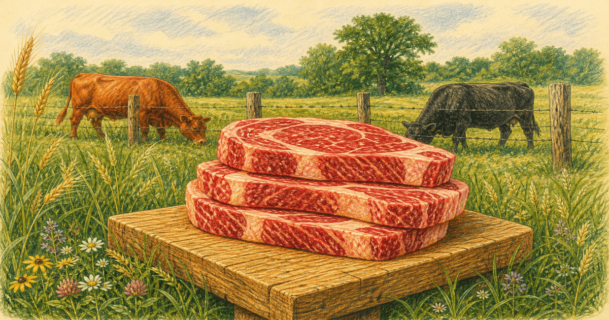Grass-fed ribeyes and strip steaks stacked on a wooden board, cattle grazing in a pasture behind them