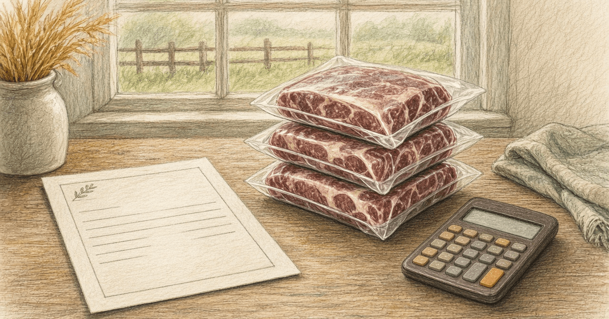 Three vacuum-sealed beef packs stacked on a wooden table next to a calculator and a blank invoice