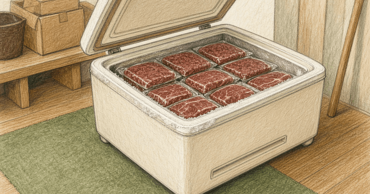 Open cream chest freezer packed with vacuum-sealed beef, colored-pencil illustration