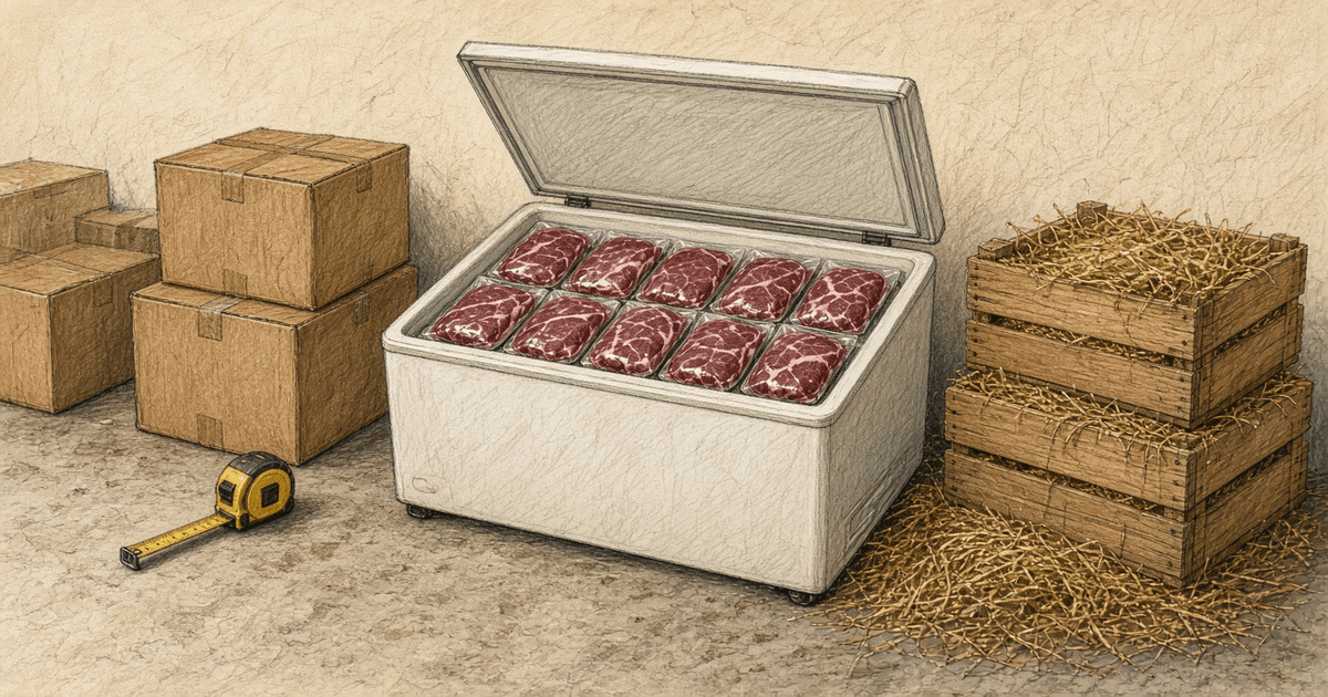 Open white chest freezer packed with vacuum-sealed beef, tape measure on the floor, cardboard boxes and hay crates nearby