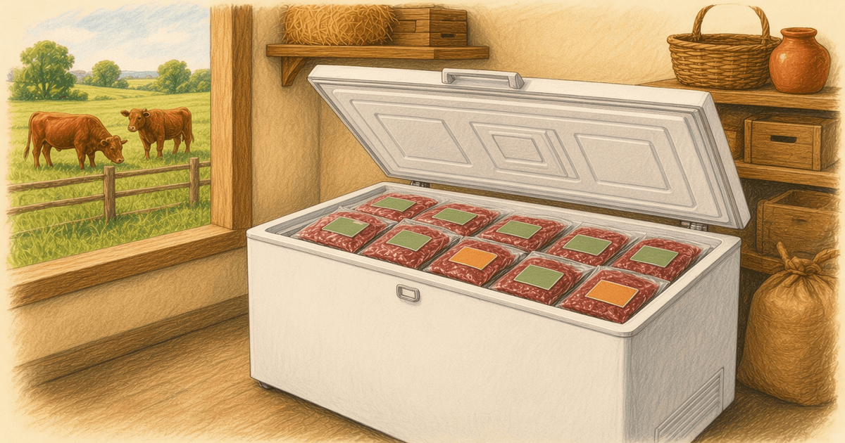 Open white chest freezer packed with vacuum-sealed beef, with a pasture and cows visible through a nearby window