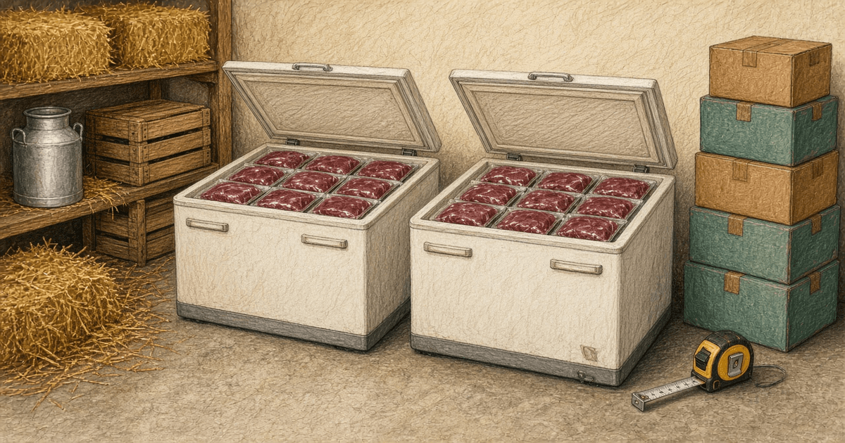 Two open white chest freezers packed with vacuum-sealed beef, tape measure on the floor, hay and cardboard boxes nearby