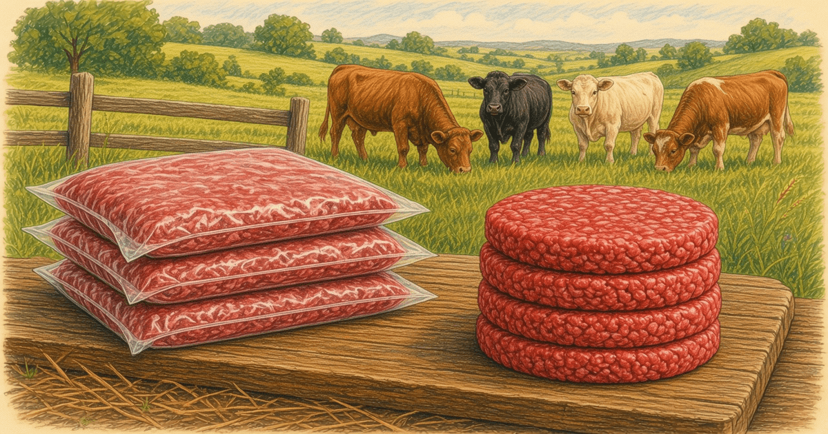 Vacuum-sealed ground beef packages and raw burger patties on a wooden board, cattle grazing in the pasture behind
