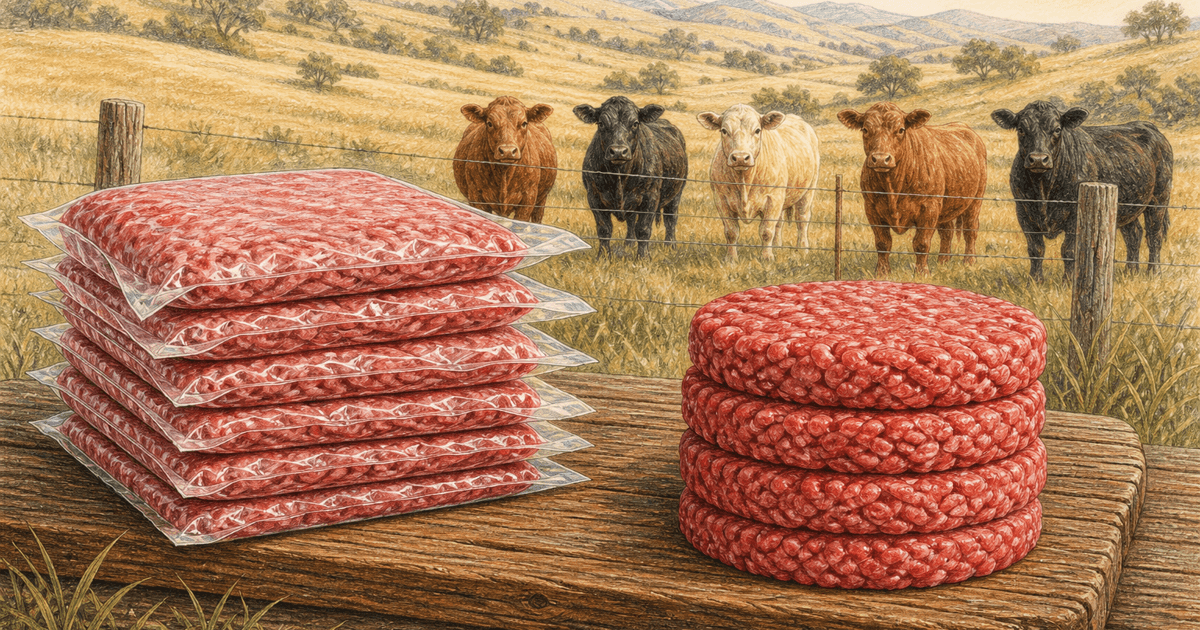 Vacuum-sealed ground beef packages and raw burger patties stacked on a wooden board, cattle grazing in a pasture behind them