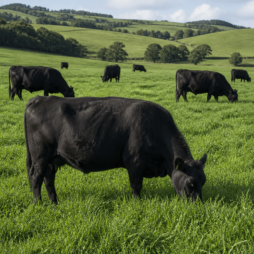 Black Angus cattle grazing on pasture in soft morning light