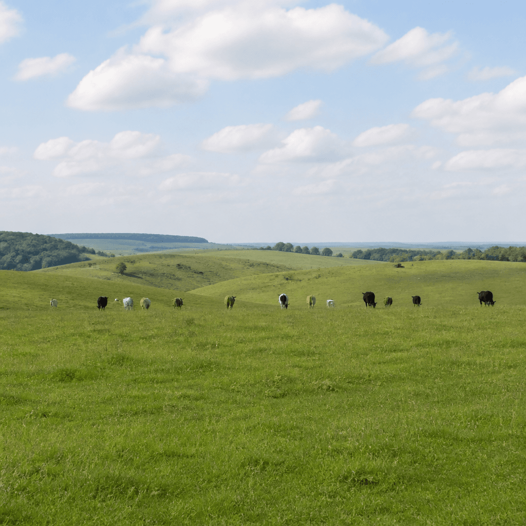 Cattle grazing far across open grassland in soft light