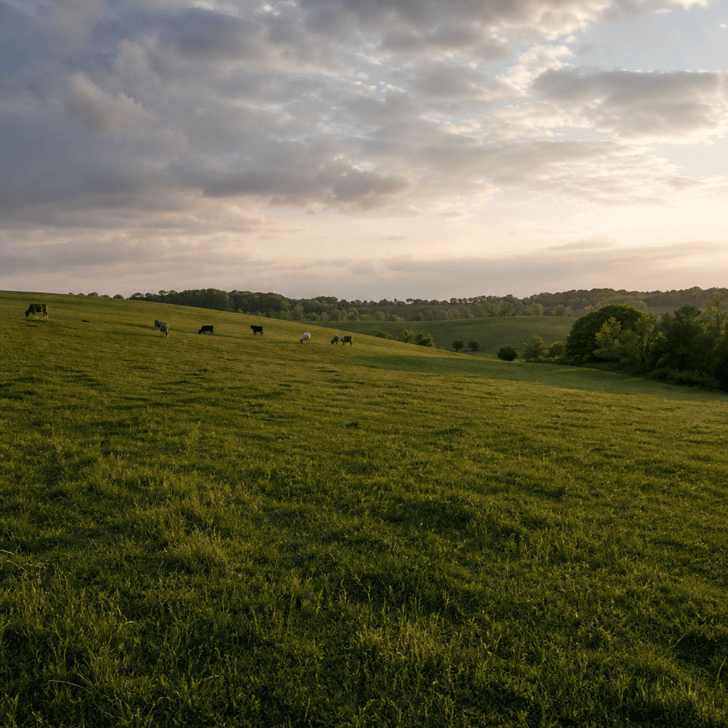 Distant cattle on a hillside pasture at late afternoon