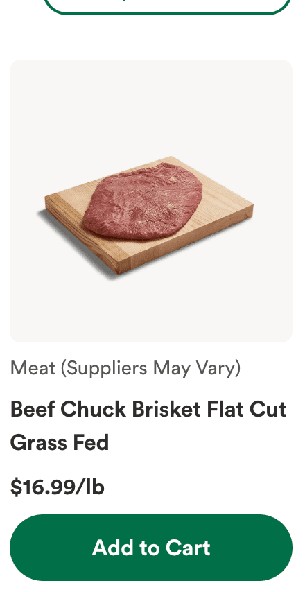 Whole Foods grass-fed brisket flat cut at $16.99 per pound
