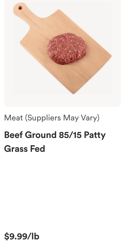 Whole Foods grass-fed ground beef patty at $9.99 per pound