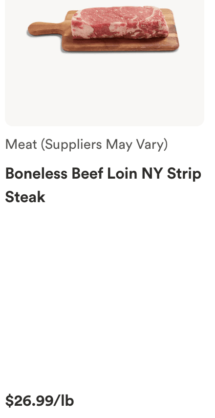 Whole Foods NY strip steak at $26.99 per pound