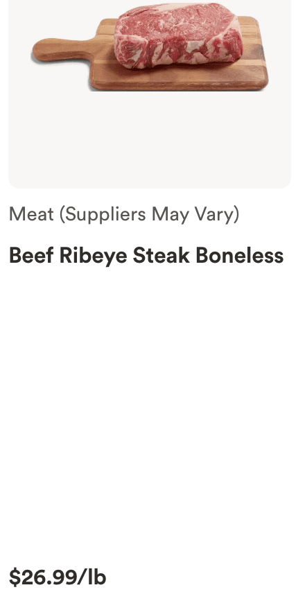 Whole Foods boneless ribeye steak at $26.99 per pound