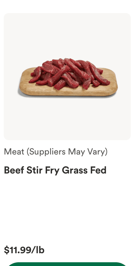 Whole Foods grass-fed stir fry beef at $11.99 per pound