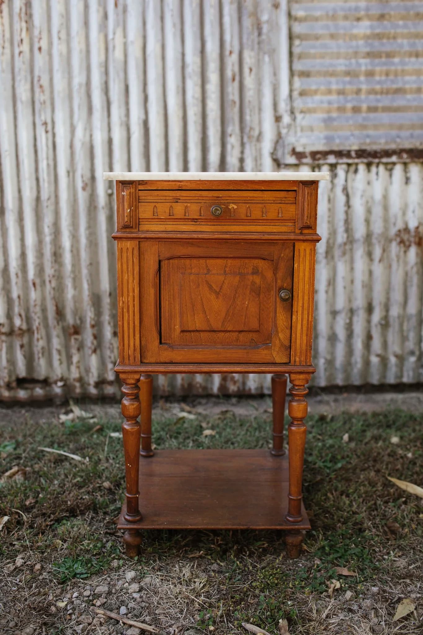 German oak side table with white marble top image 2