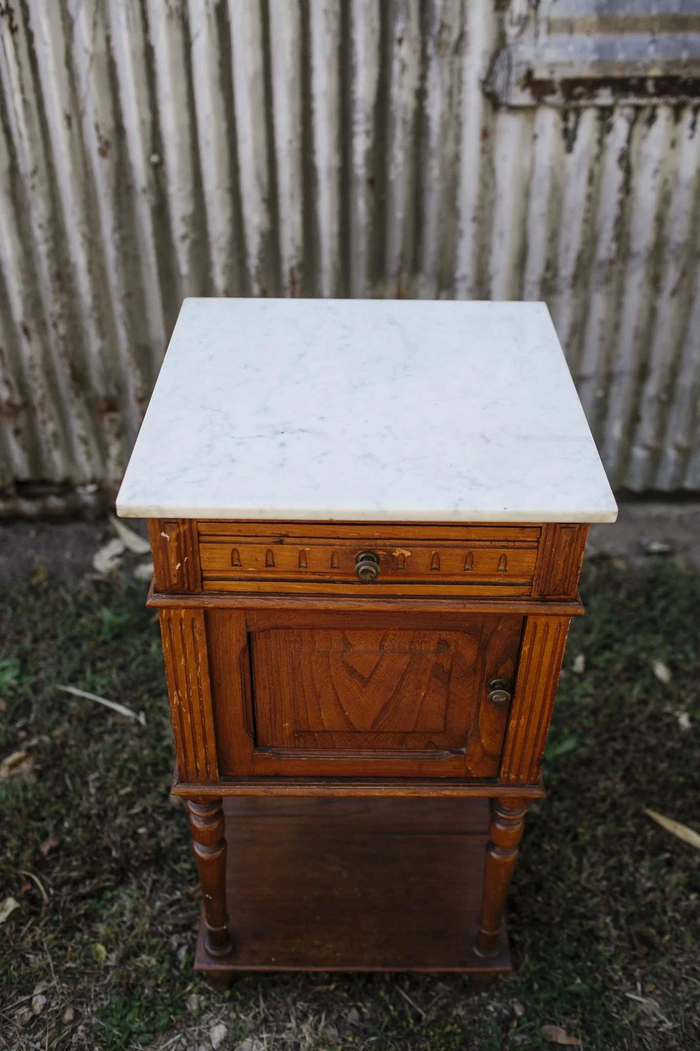 German oak side table with white marble top