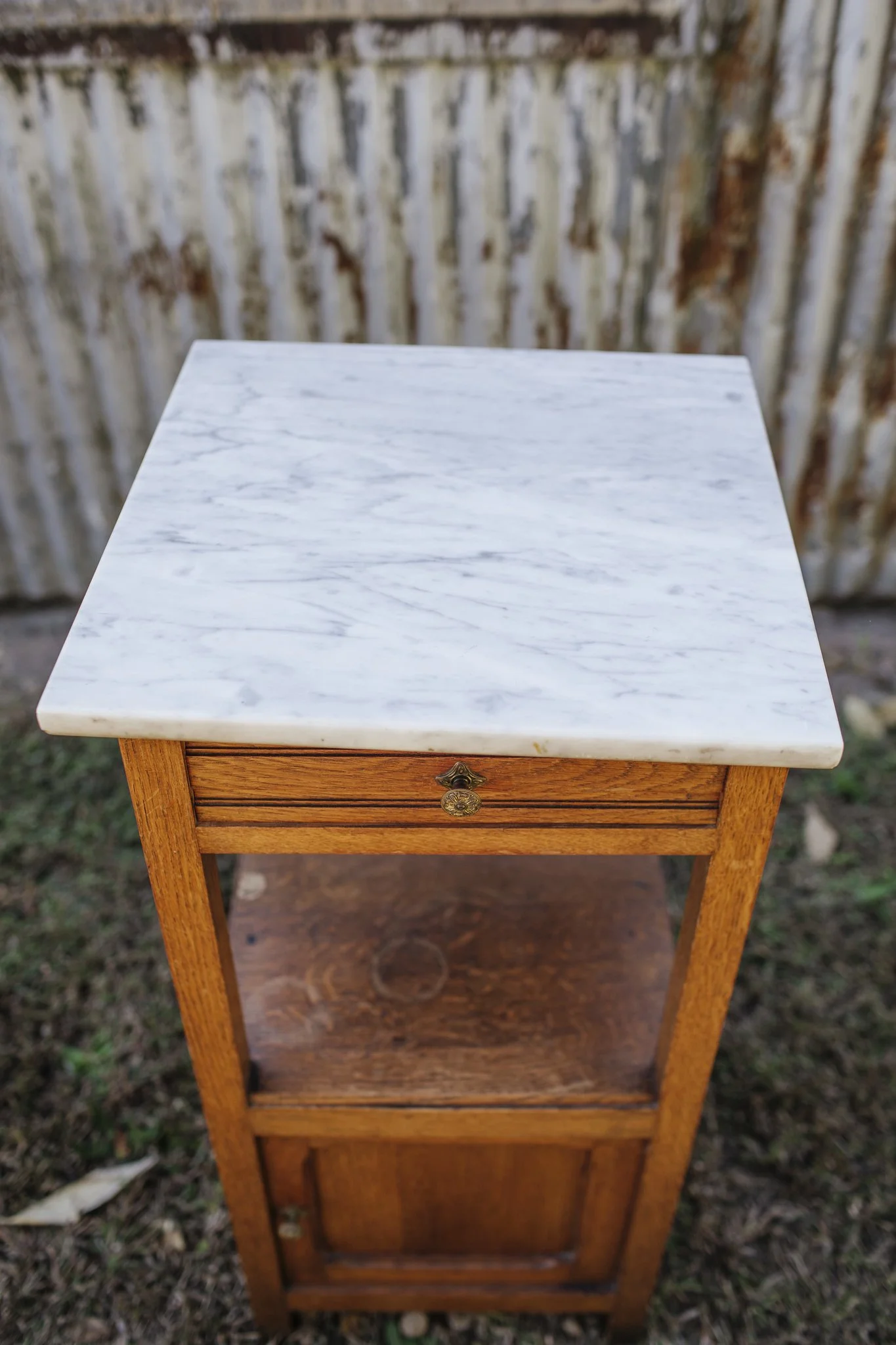 German oak side table with marble top image 2