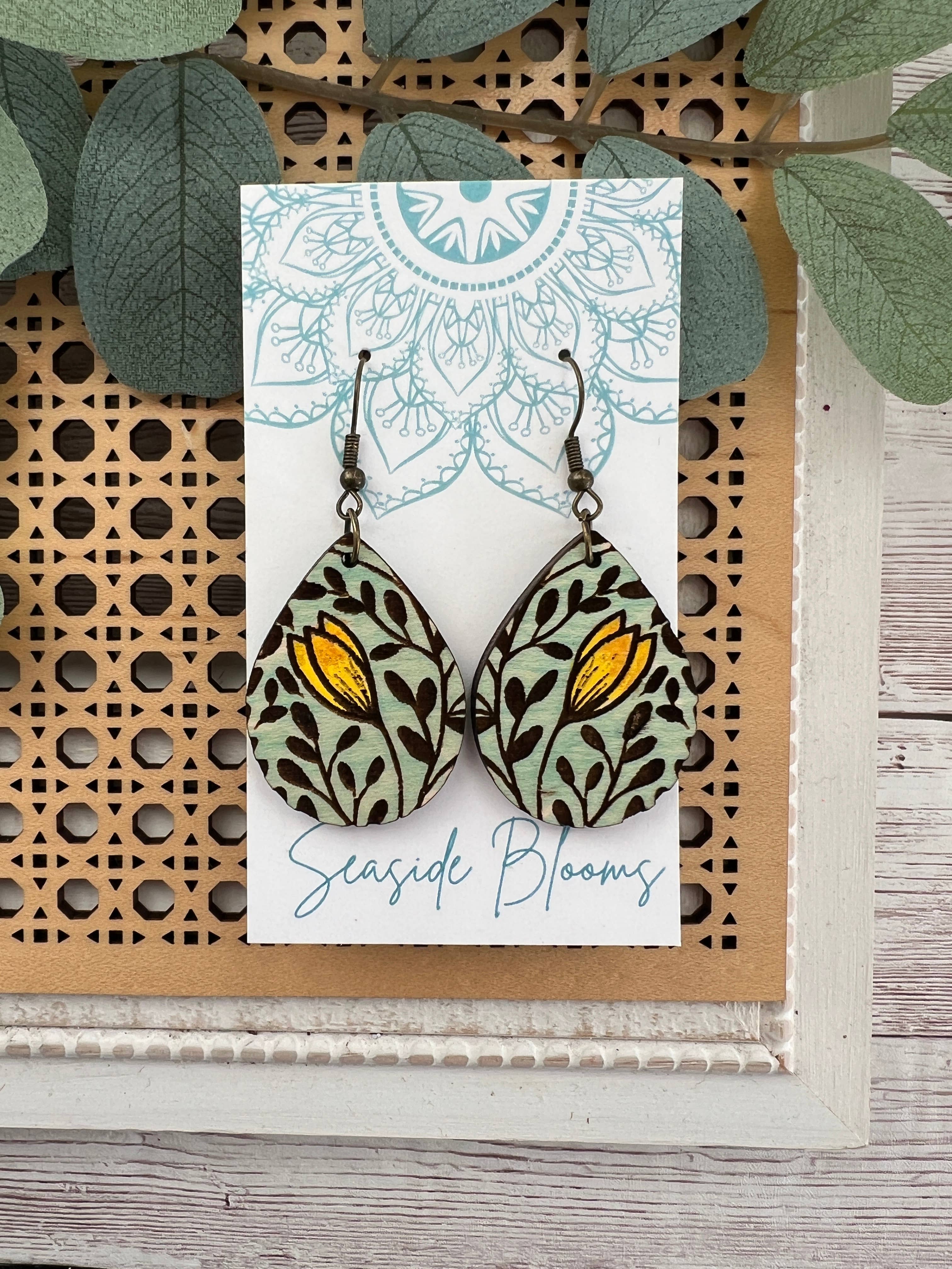 Boho tulip flower light weight hand painted wood earrings