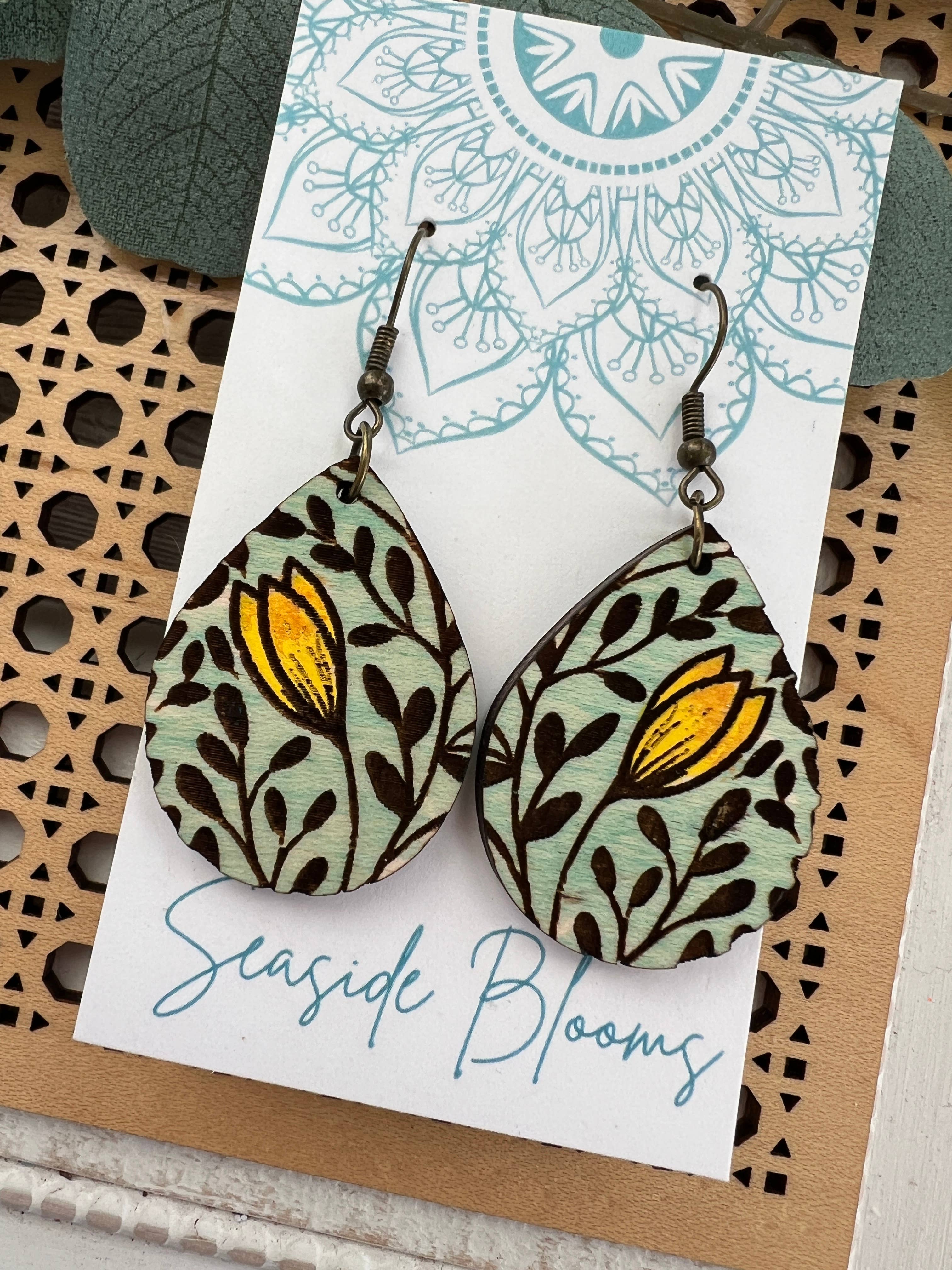 Boho tulip flower light weight hand painted wood earrings image 2