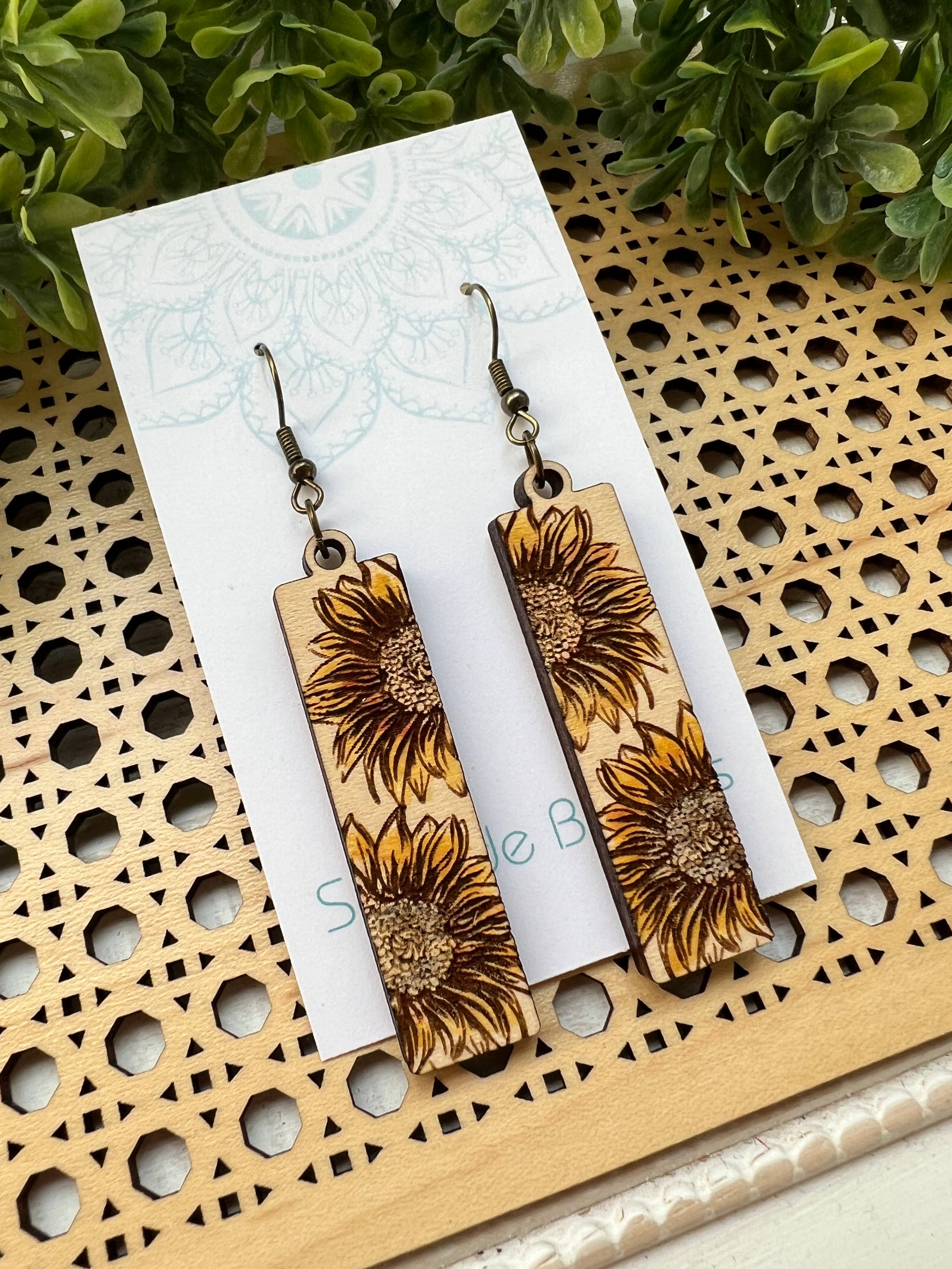 Sunflower bar dangle drip hand painted lightweight boho wood image 2