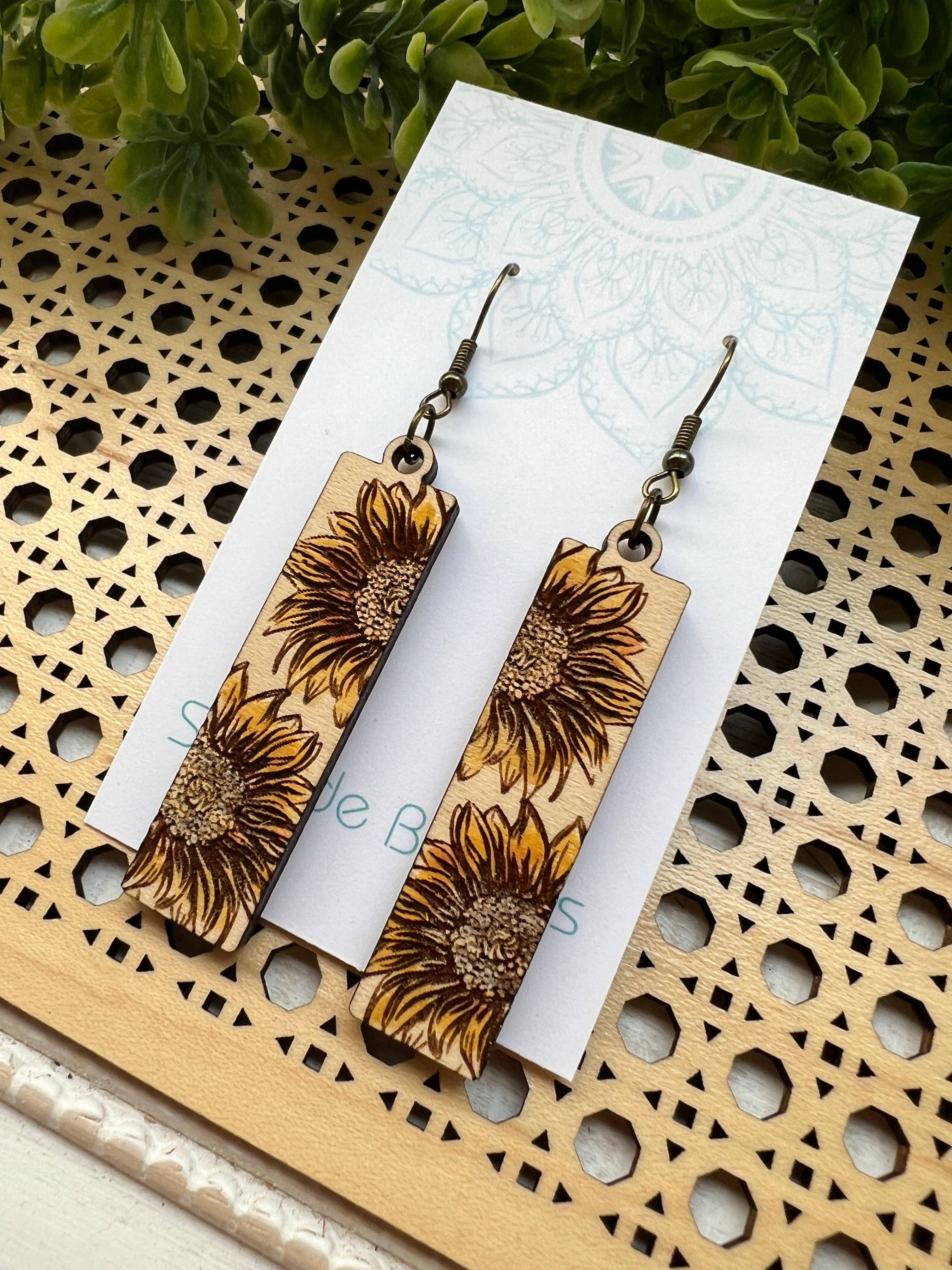 Sunflower bar dangle drip hand painted lightweight boho wood image 3