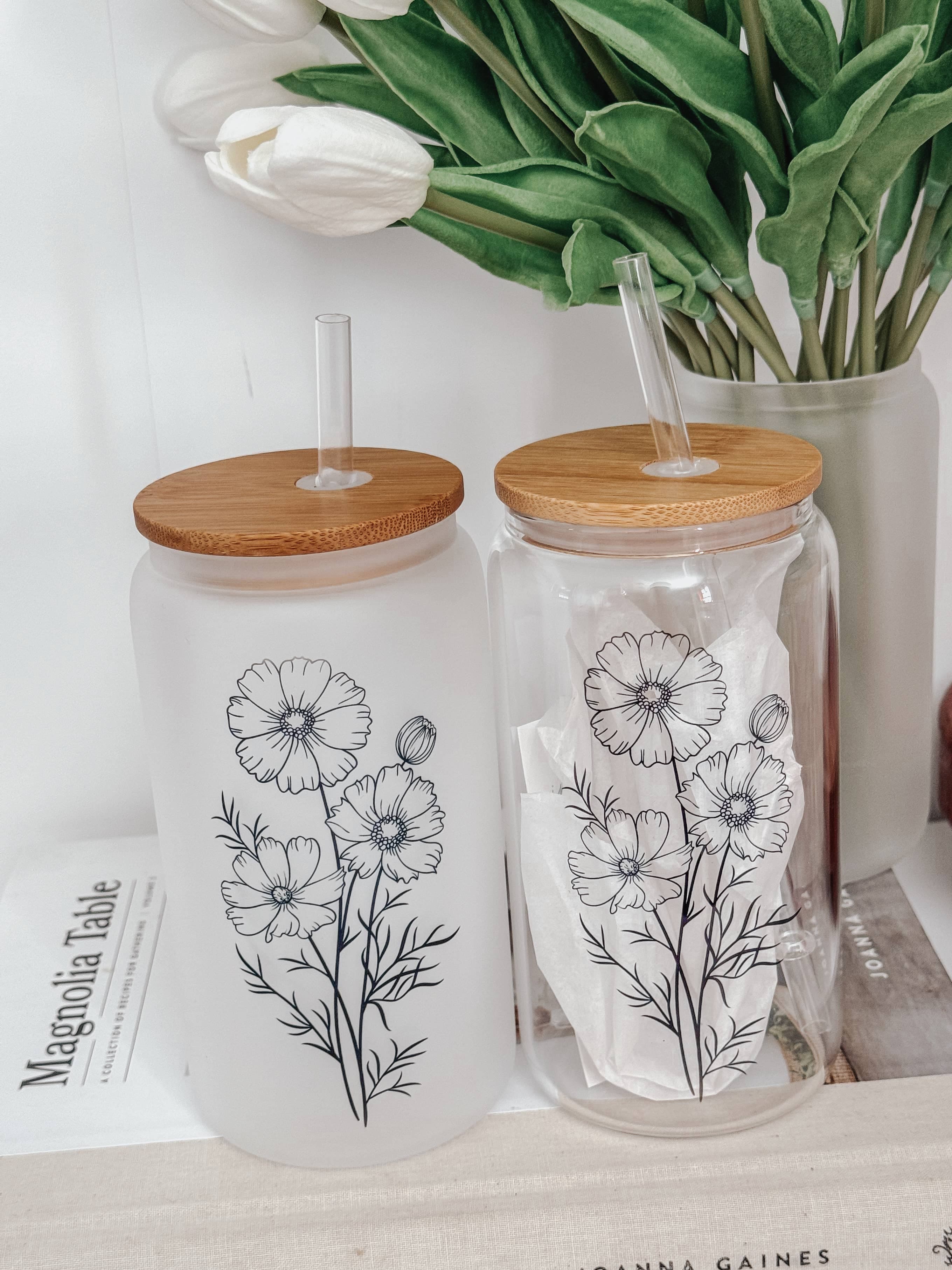 Cosmo Florals 16oz Glass Cup with Bamboo Lid
